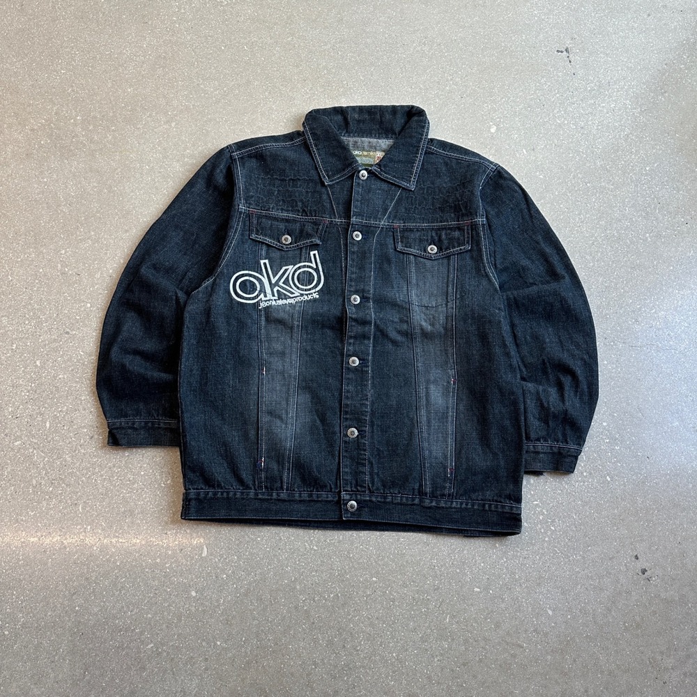 Akademiks Mens Denim Jacket Dark Wash Embroidered Logo XL